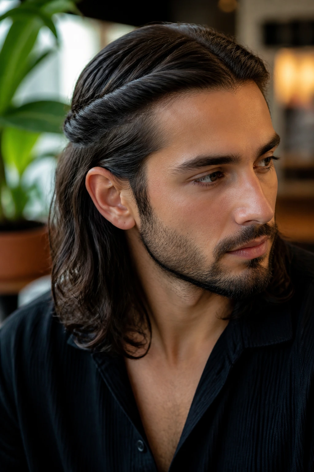 Man with two-strand twists at the front pulled back, natural lighting