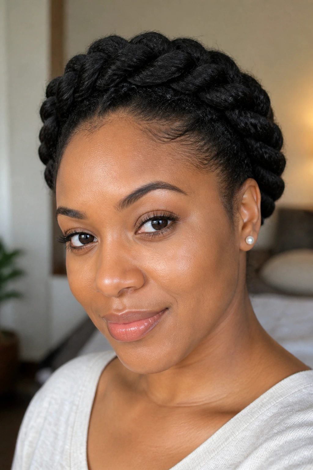 Close-up portrait of a real Black woman with a two-strand twist crown around her head.