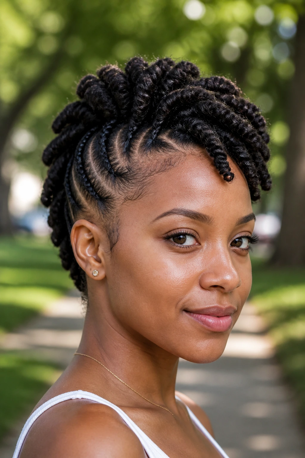 Close-up of a real Black woman with two-strand twist frohawk in natural light