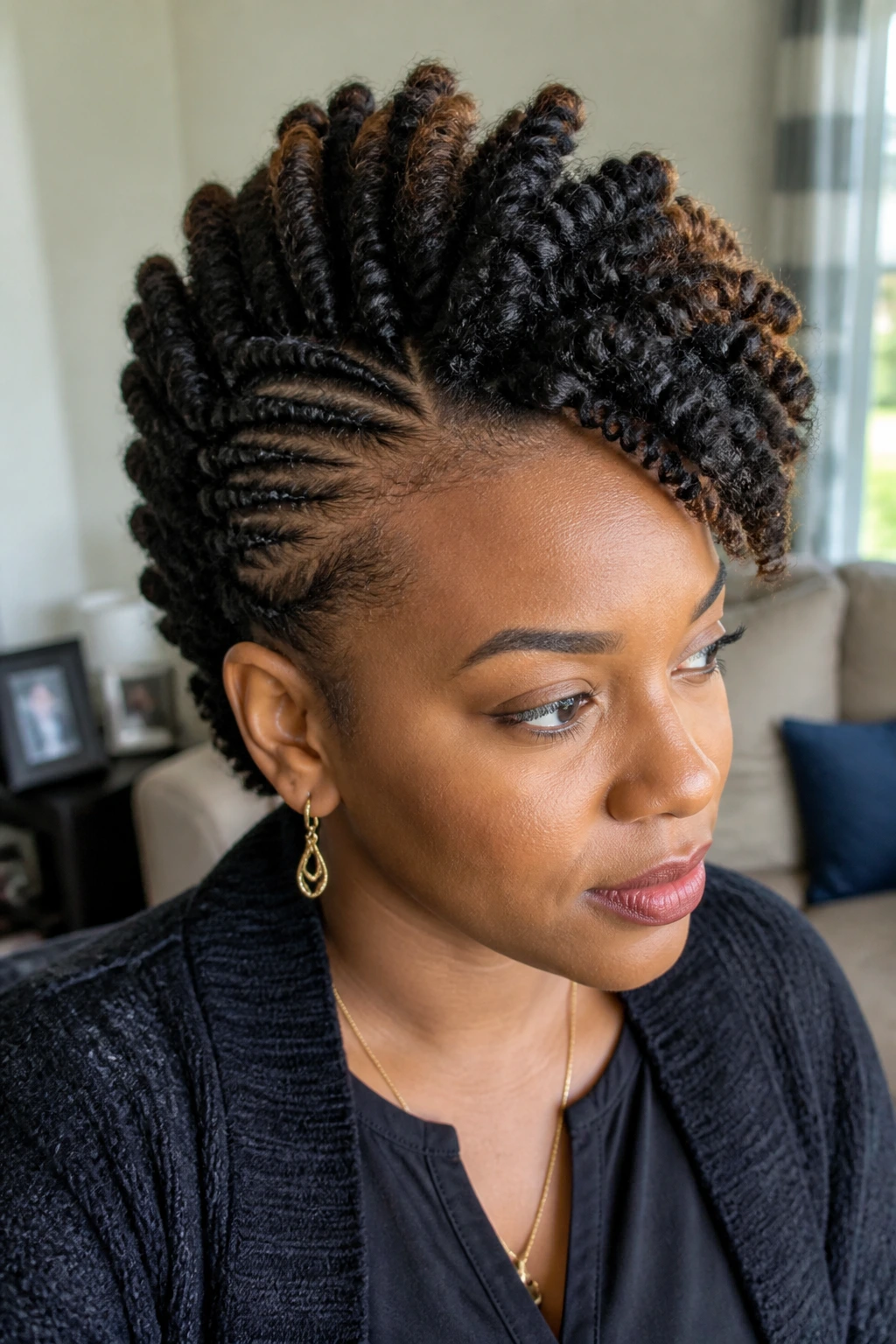 Close-up portrait of a real woman with a Two-Strand Twist Frohawk featuring chunky twists and a fluffy center ridge.
