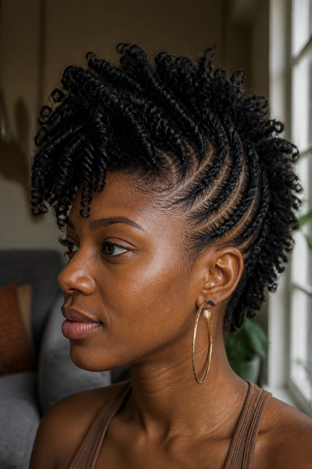 Real person with two-strand twist frohawk showing rope-like side twists and center ridge