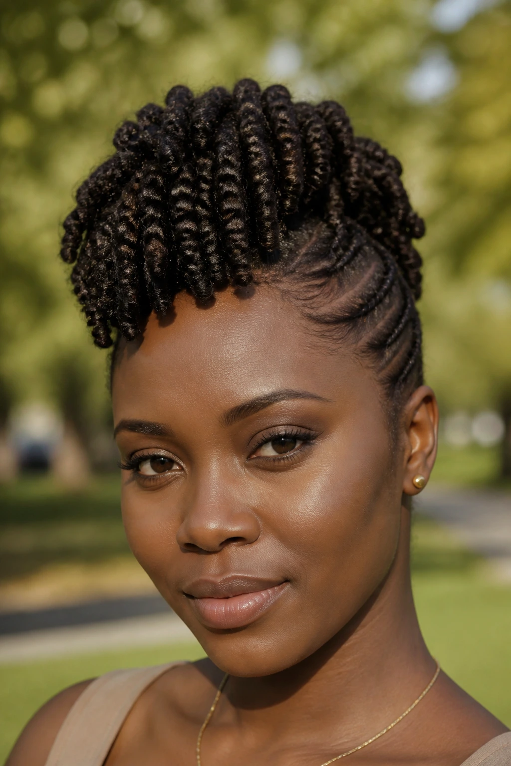Close-up portrait of a real Black woman with two-strand twist hawk in a sunlit park