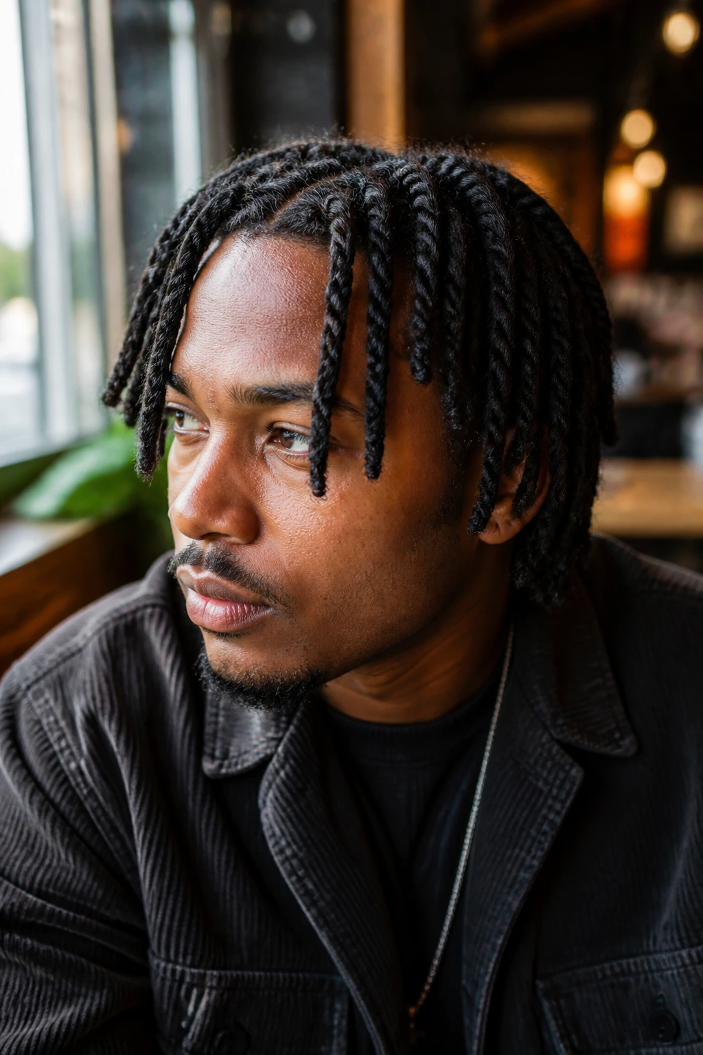 Close-up of a person with two-strand twist locs in a cafe window light.