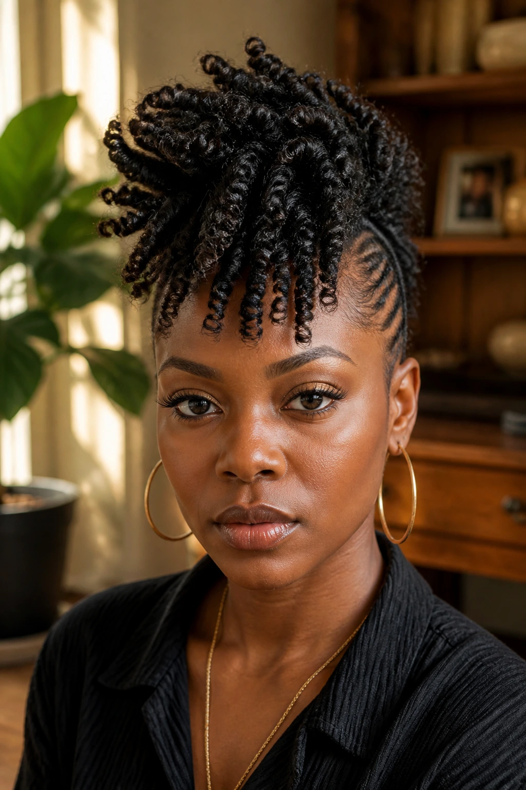 Close-up of a real woman wearing a Two-Strand Twist Mohawk with ropelike twists.