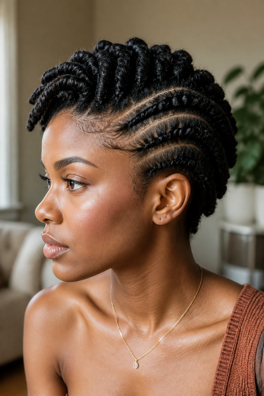Close-up of a real person with two-strand twists forming a mohawk