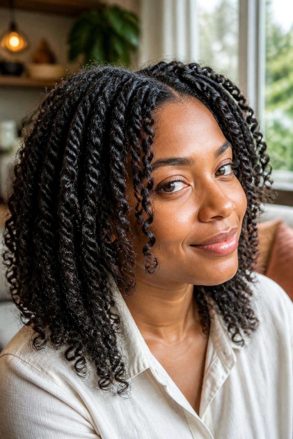 Portrait of a real woman with a two-strand twist-out on frizzy hair