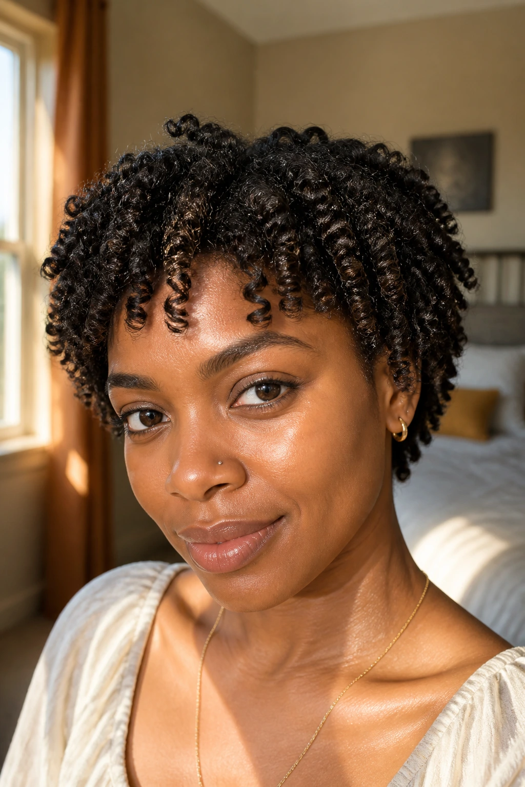 Close-up portrait of a real woman with a two-strand twist-out on short hair under warm window light.