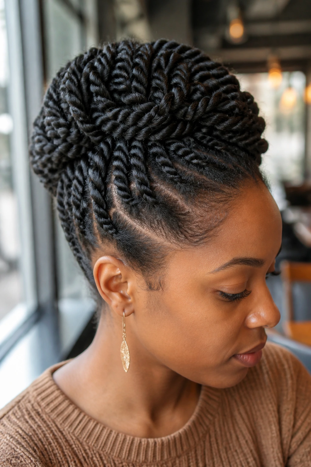 Close-up of two-strand twist updo on a real person