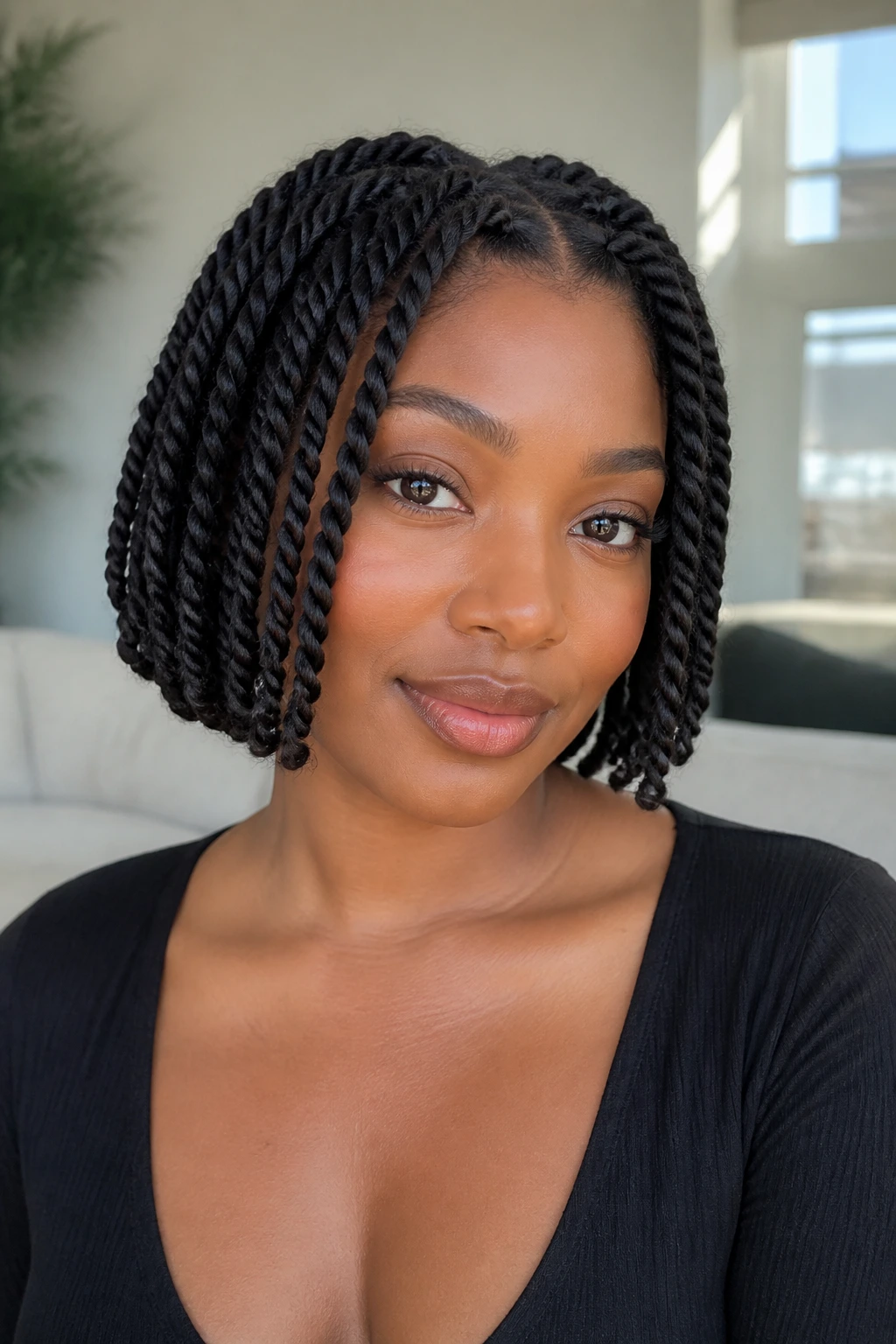 Close-up portrait of a real Black woman with a two-strand twist bob