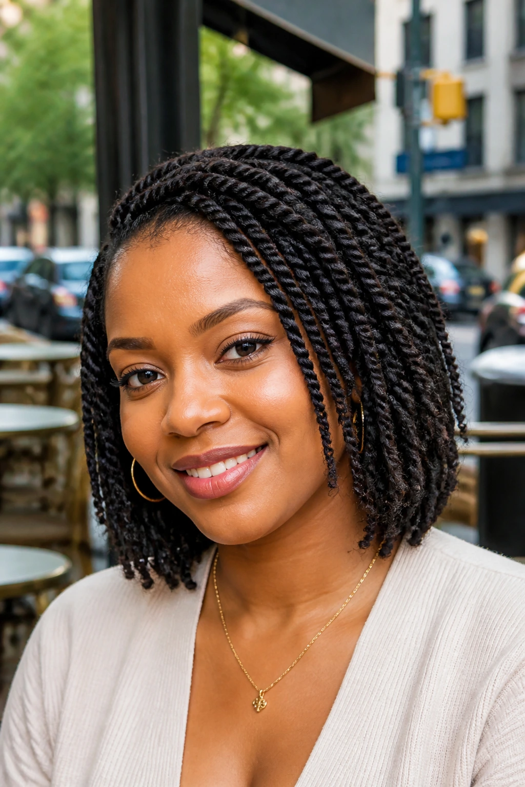 Close-up of a real woman with two-strand twists and a bob length in daylight