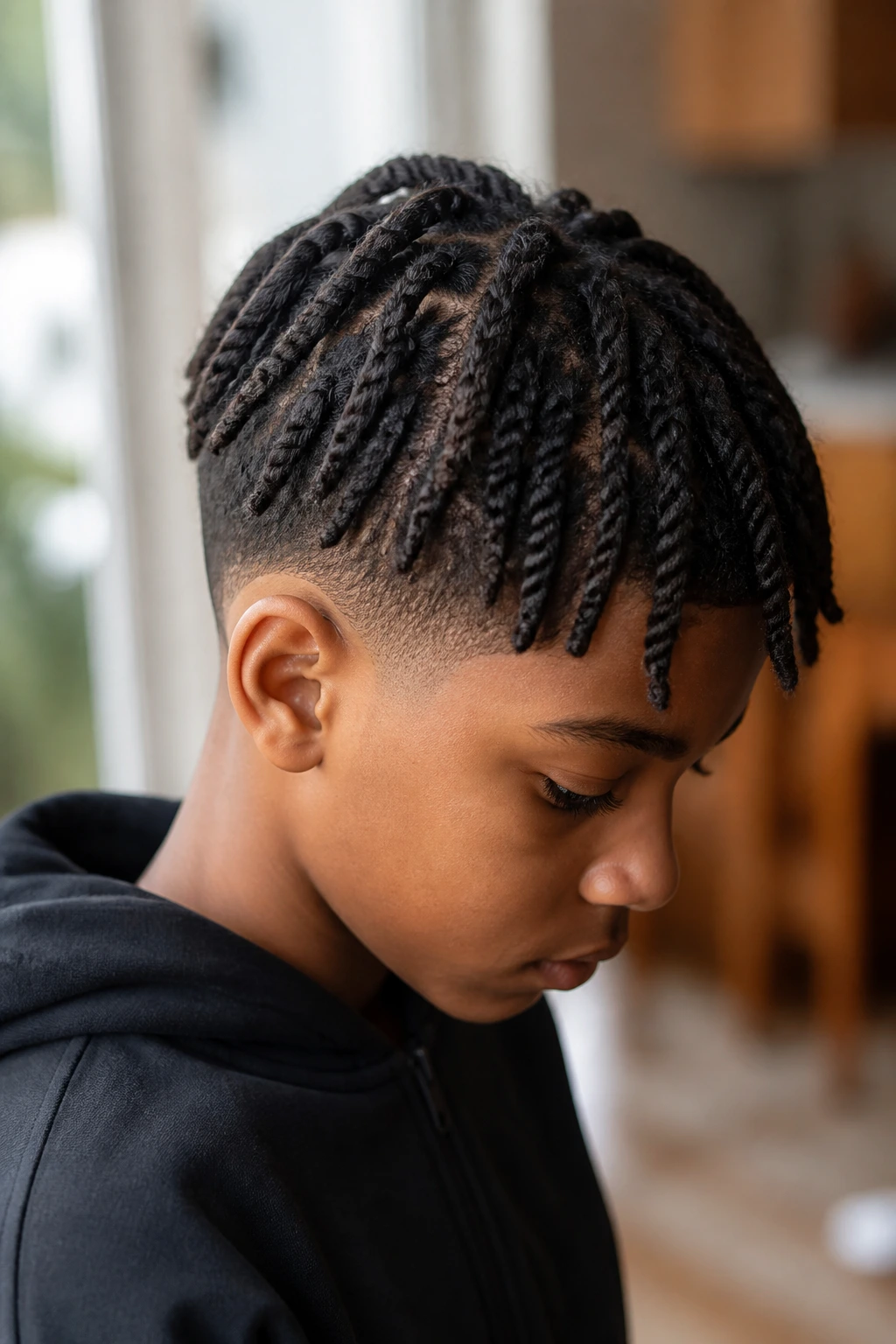 Child with two-strand twists and a tapered finish at the neck in natural light.