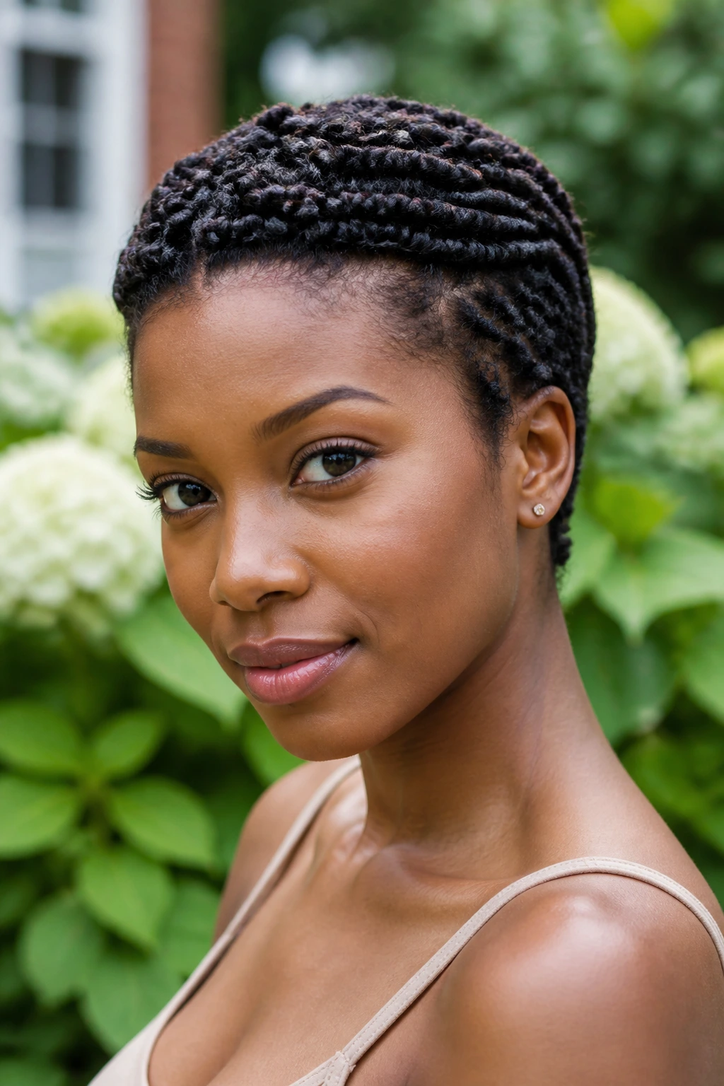 Head-and-shoulders portrait of a real Black woman with a two-strand twist crown
