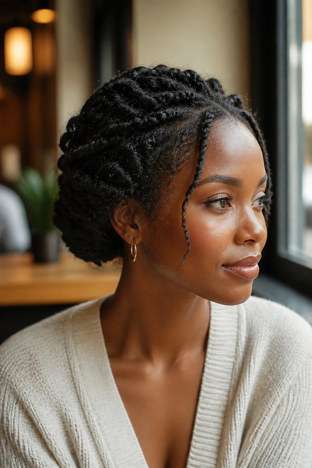 Close-up portrait of a real person wearing two-strand twists into a soft crown updo