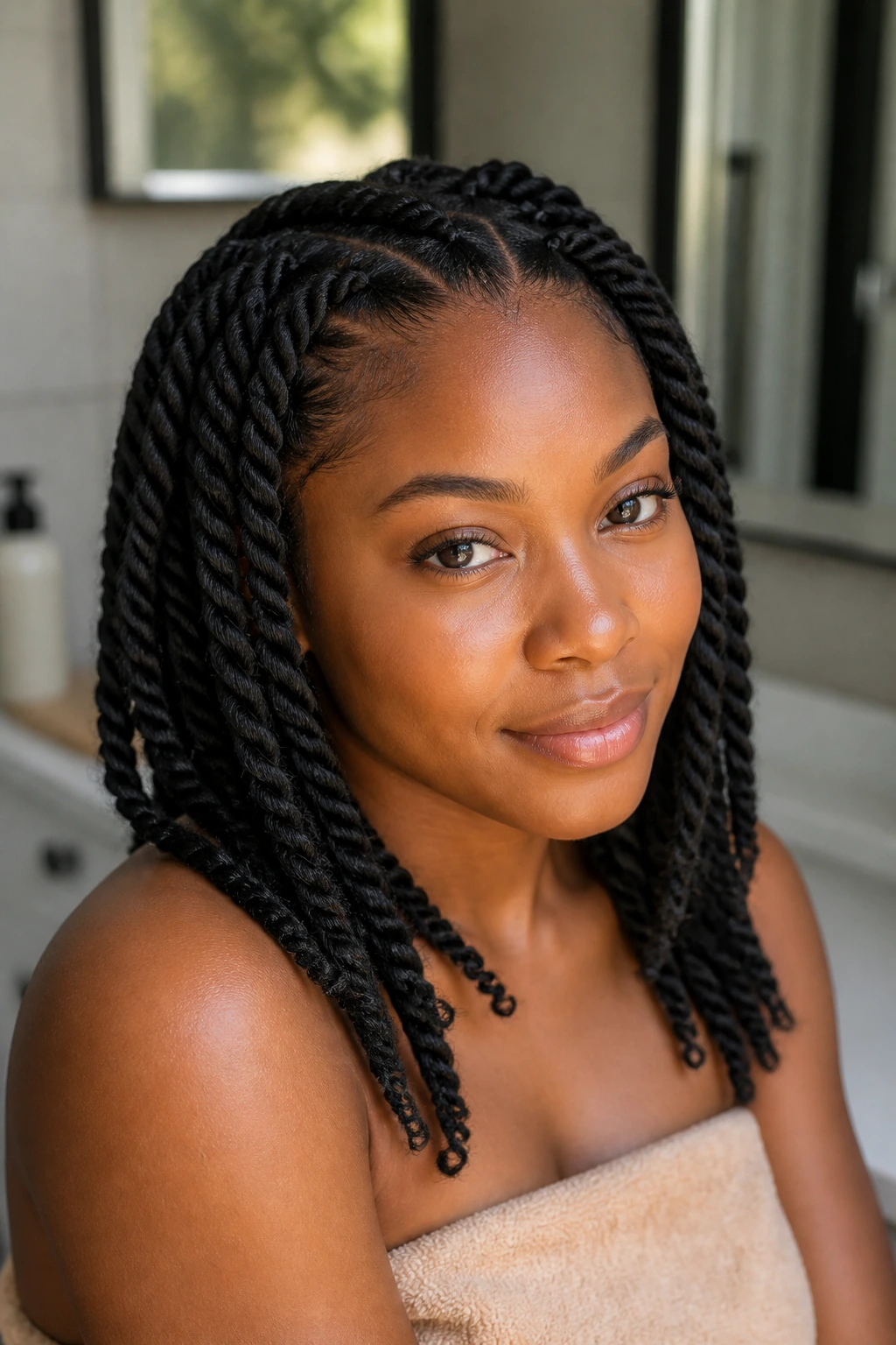 Close-up of a real woman with neat two-strand twists holding their shape.