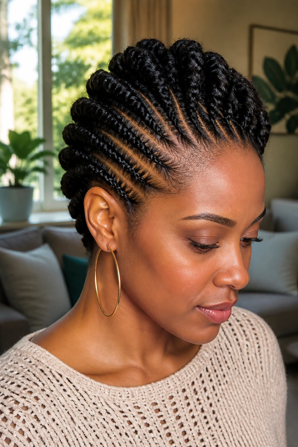 Close-up of a real Black woman with a two-strand twist hawk hairstyle