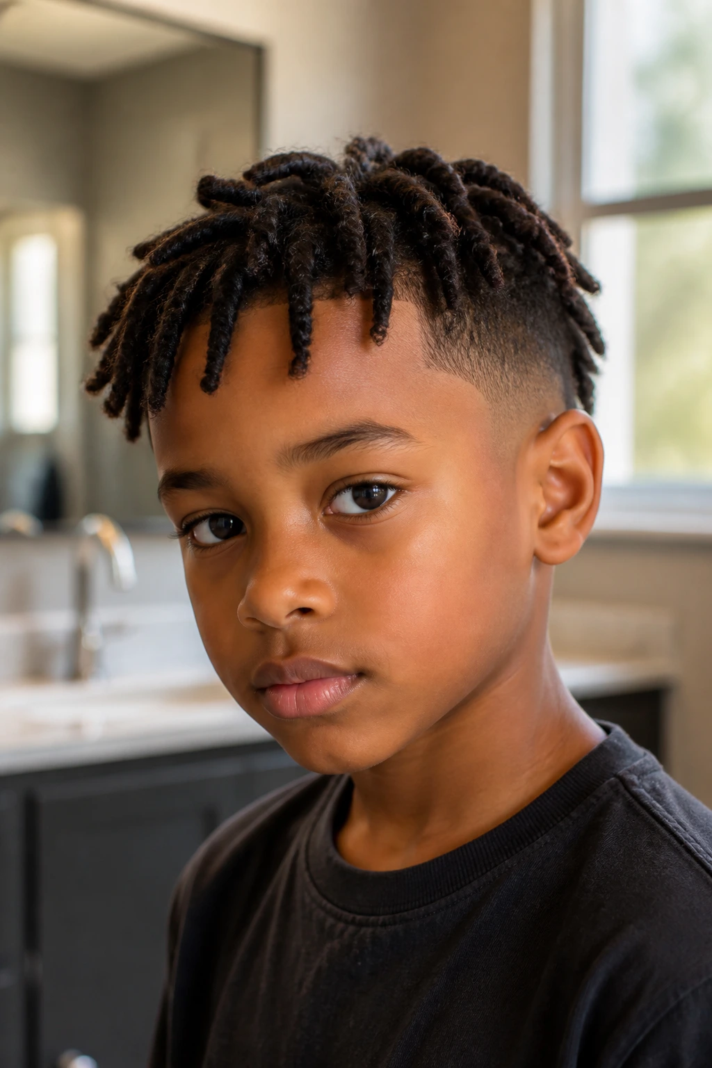 Close-up of a real child boy with two-strand twists and clean sides