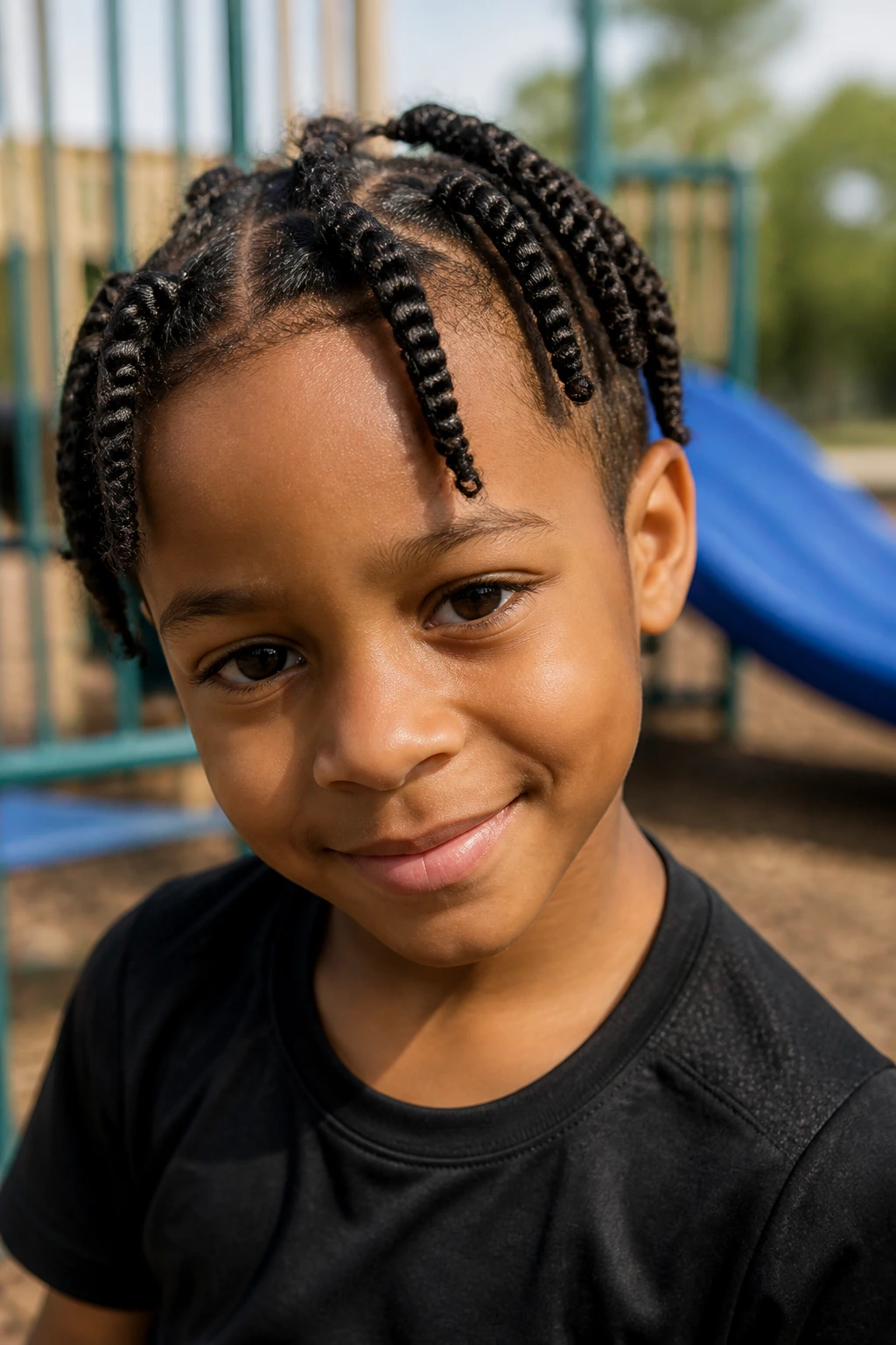 Close-up of a child with two-strand twists in natural light