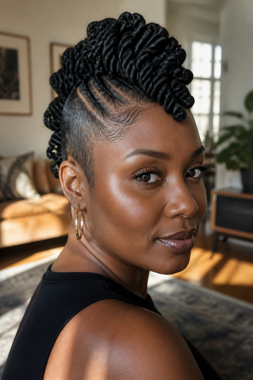 Close-up portrait of a real Black woman with a two-strand twist mohawk and slicked sides in warm natural light.