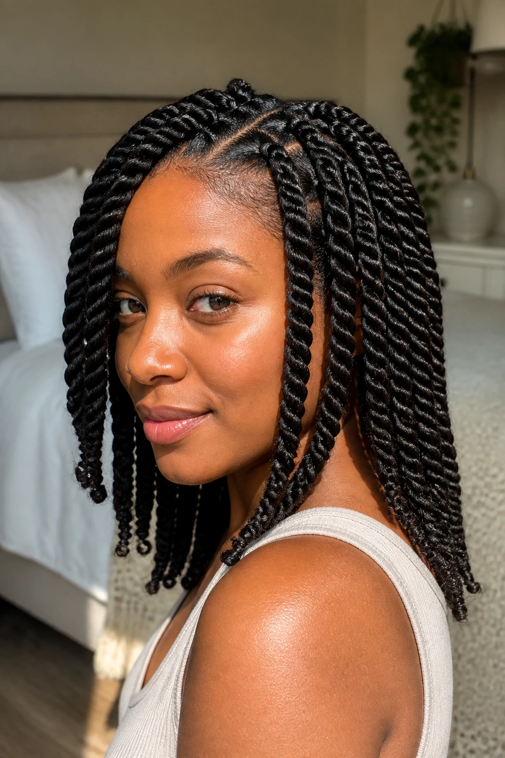 Close-up of a real woman wearing two-strand twists, twists fill the frame
