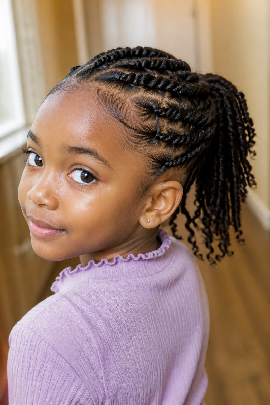 Close-up of a girl with two-strand twists into a ponytail