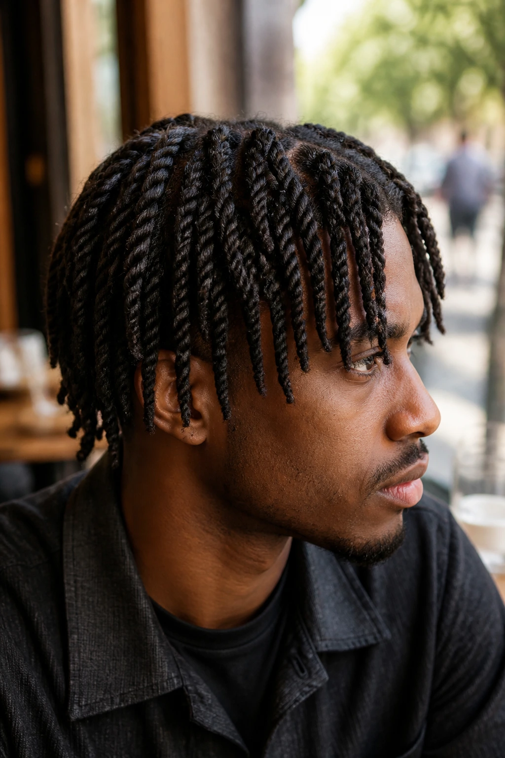 Close-up of a man with two-strand twists in outdoor light