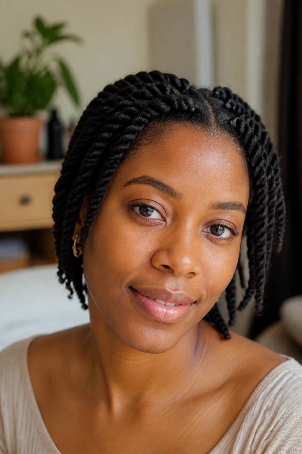 Close-up portrait of a person with two-strand twists in a calm home setting