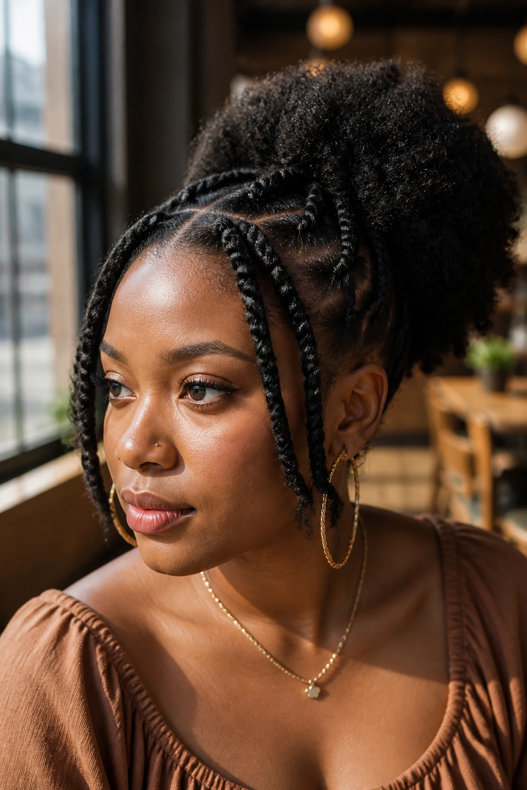 Portrait of a real person showing front two-strand twists transitioning into a puff at the back