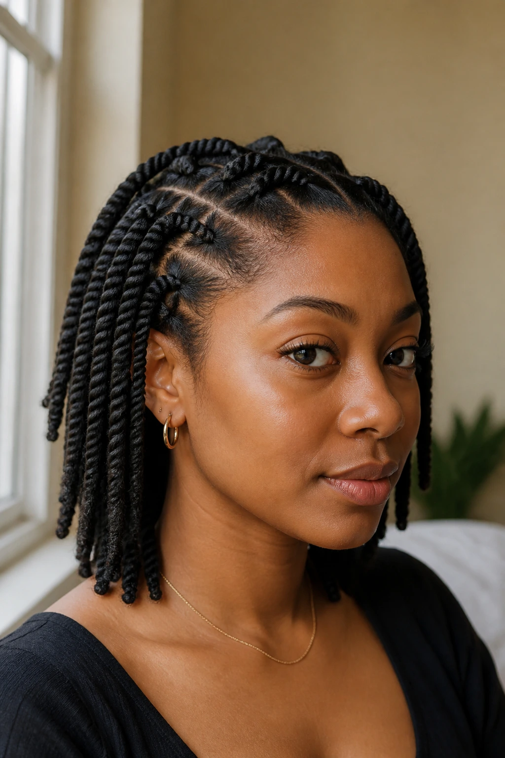 Front portrait of a real person with classic two-strand twists and rope-like pattern near the scalp.