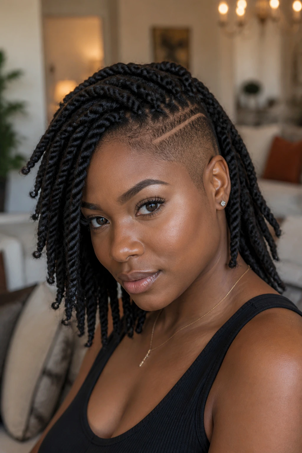 Real woman with two-strand twists and a clean side panel.