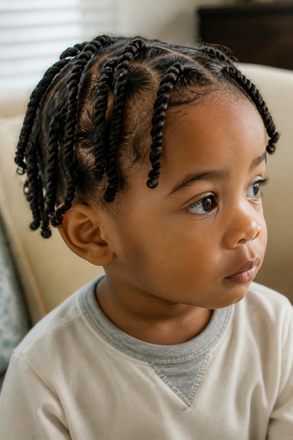 Toddler with two-strand twists in a cozy indoor setting