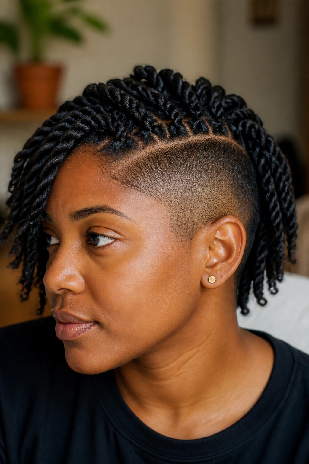 Two-strand twists with clean side undercut on a real person.