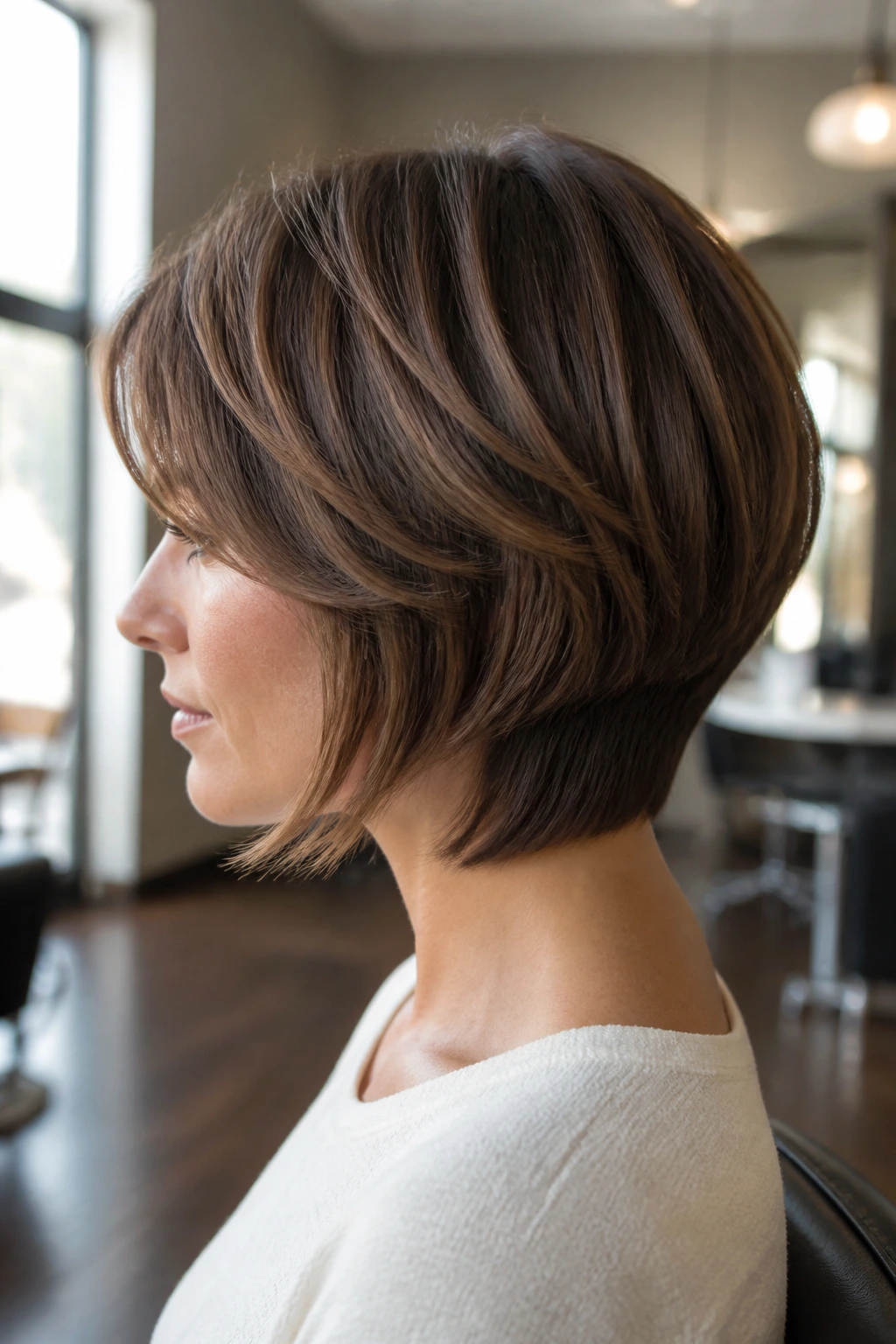 Side profile of a real woman with a two-tier bob hairstyle
