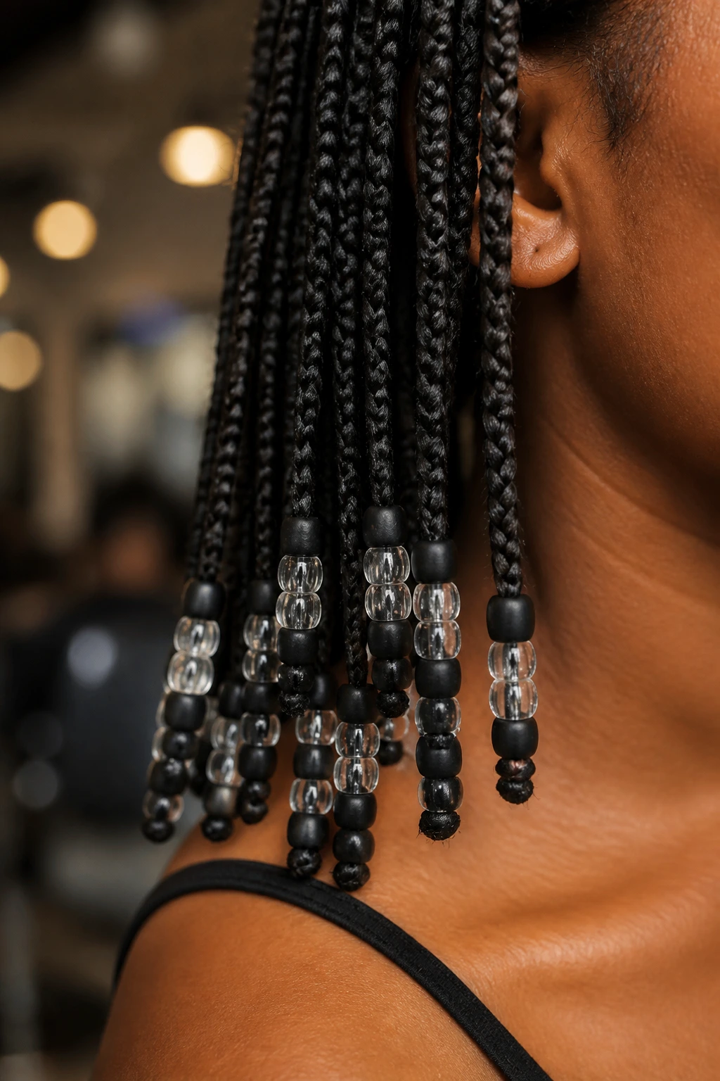 Close-up of knotless braid ends with matte black and glossy clear beads on a real person
