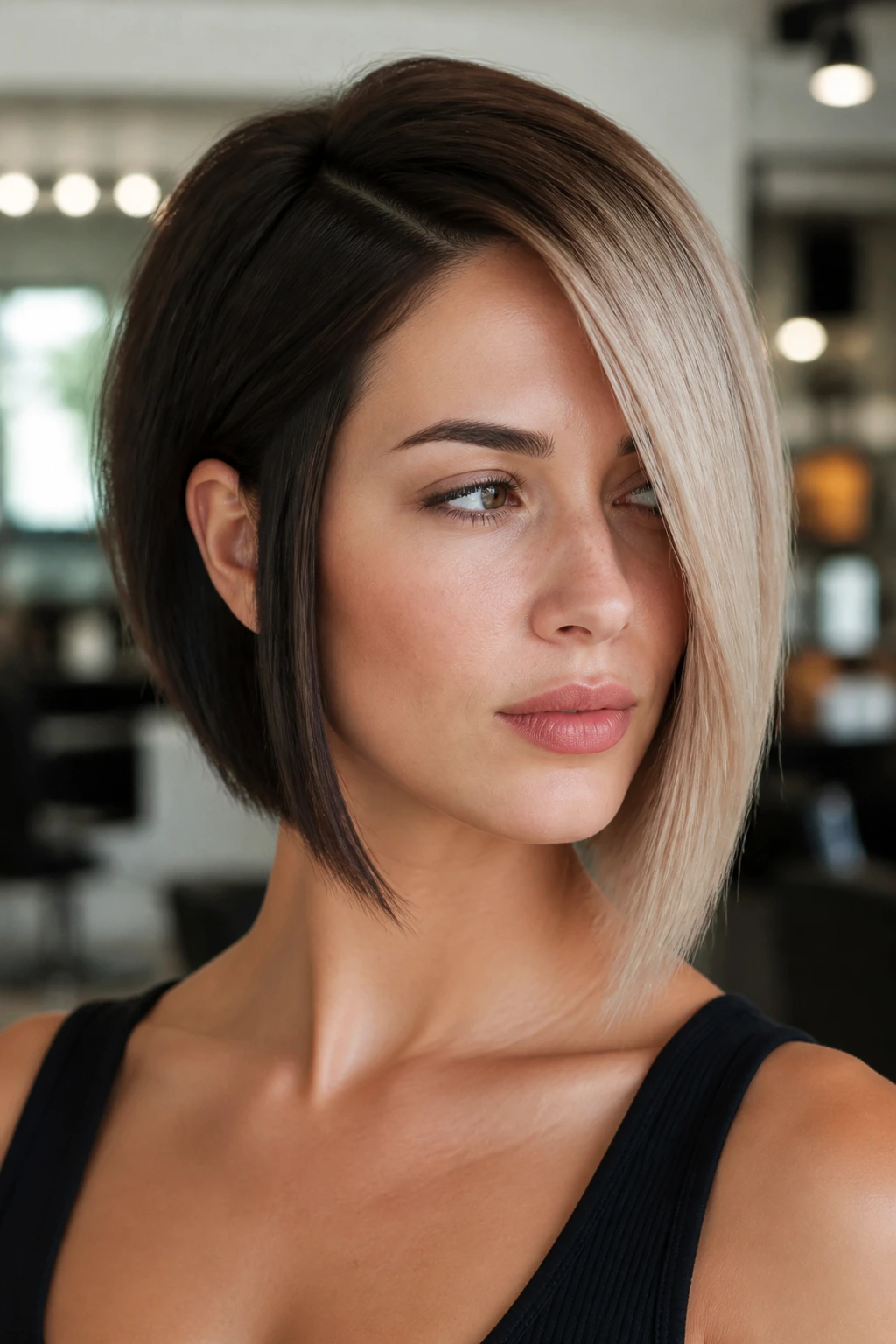 Close-up of a real woman with Two-Tone Asymmetrical Bob showing bold color contrast