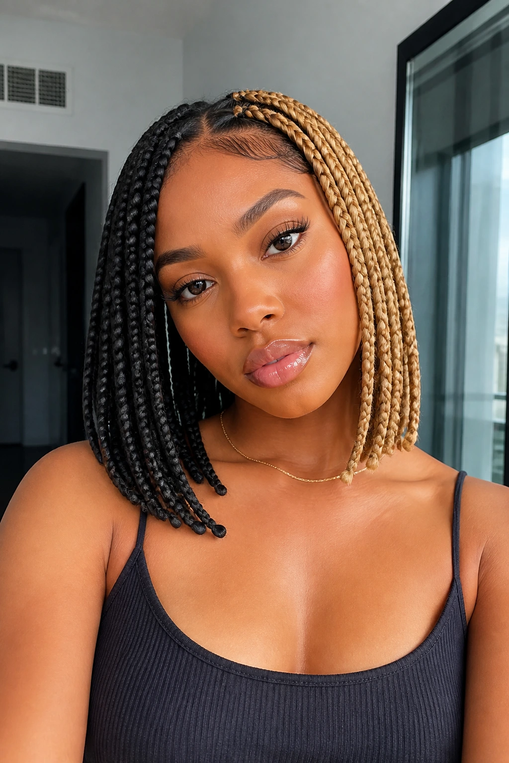 Portrait of a real woman with two-tone black and honey bob-length box braids.