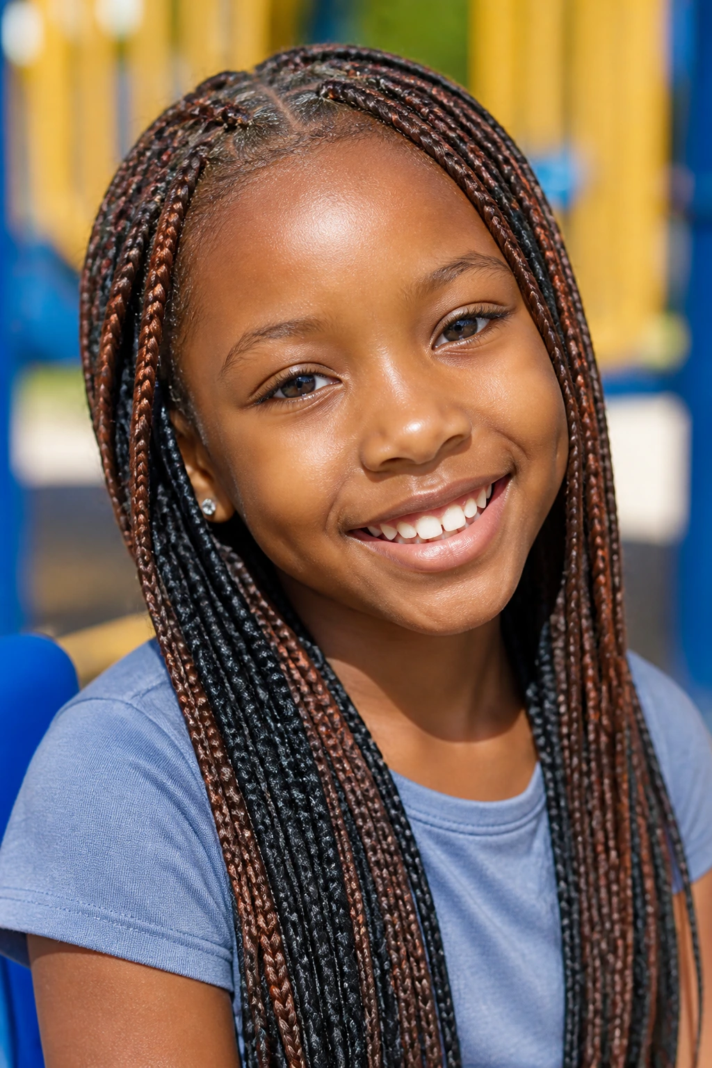 Close-up of a real child with two-tone box braids in sunny light
