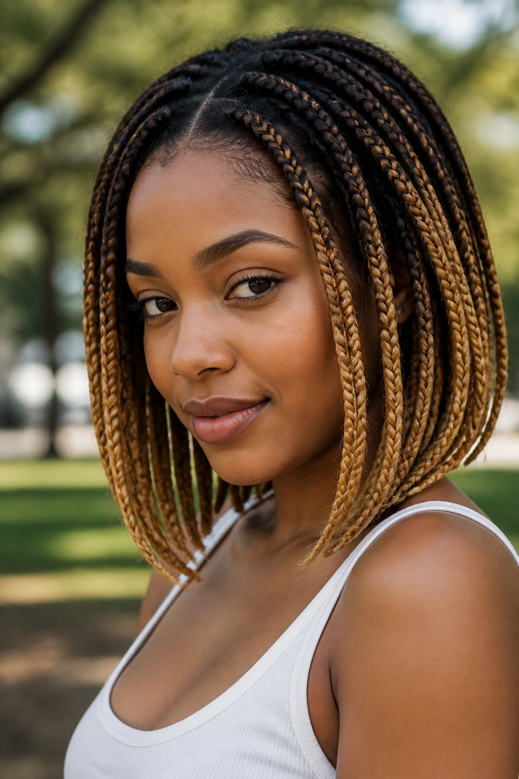 Two-tone box braids with dark roots and honey tips on a real person.