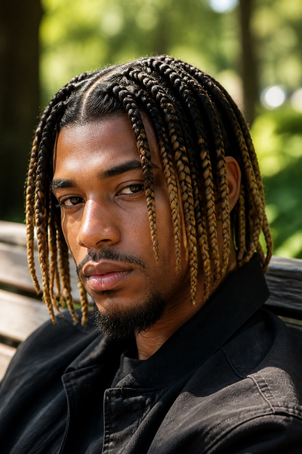 Man with two-tone box braids dark roots honey ends portrait outdoors