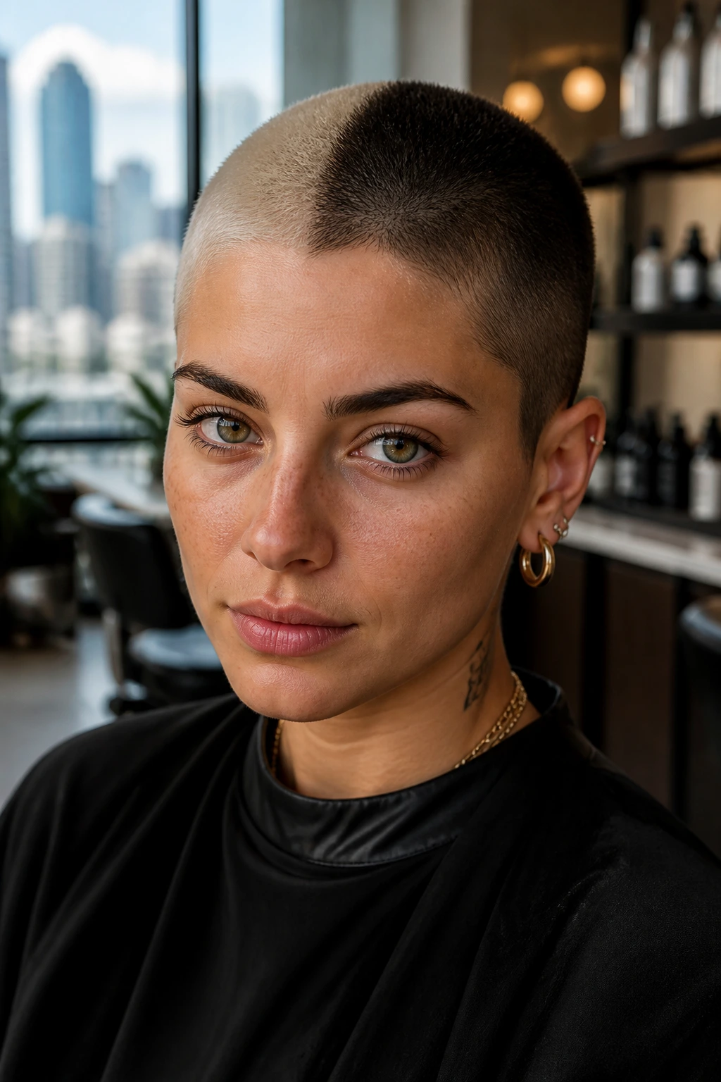 Real woman with a crisp two-tone split buzz showing a clean color division.