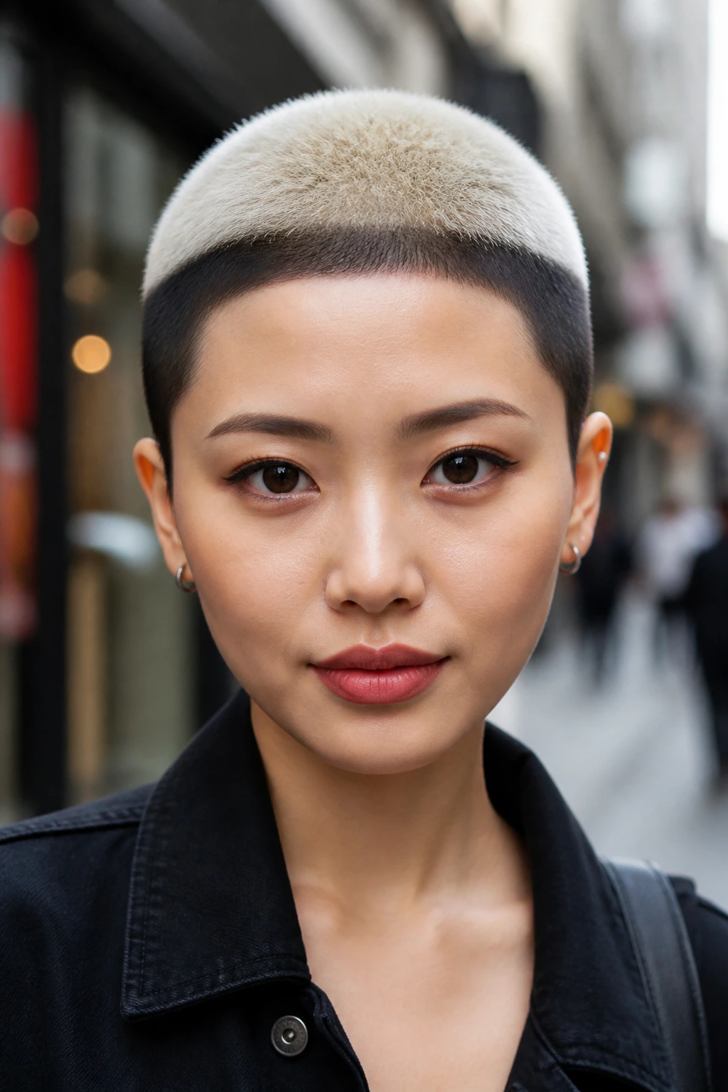 Portrait of a real woman with a two-tone buzz cut showing color split