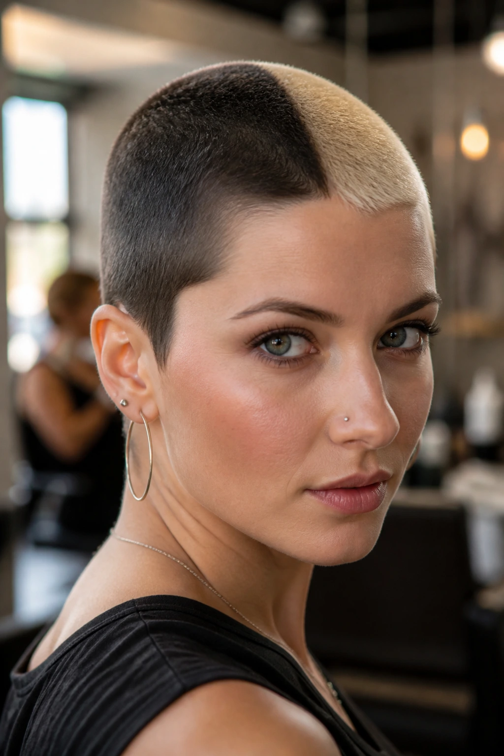 Close-up of a real woman with a sharp two-tone split buzz showing a bold color division on the head