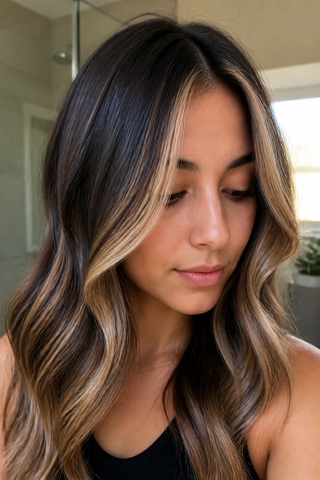 Close-up of a real woman with glossy two-tone color maintained between appointments