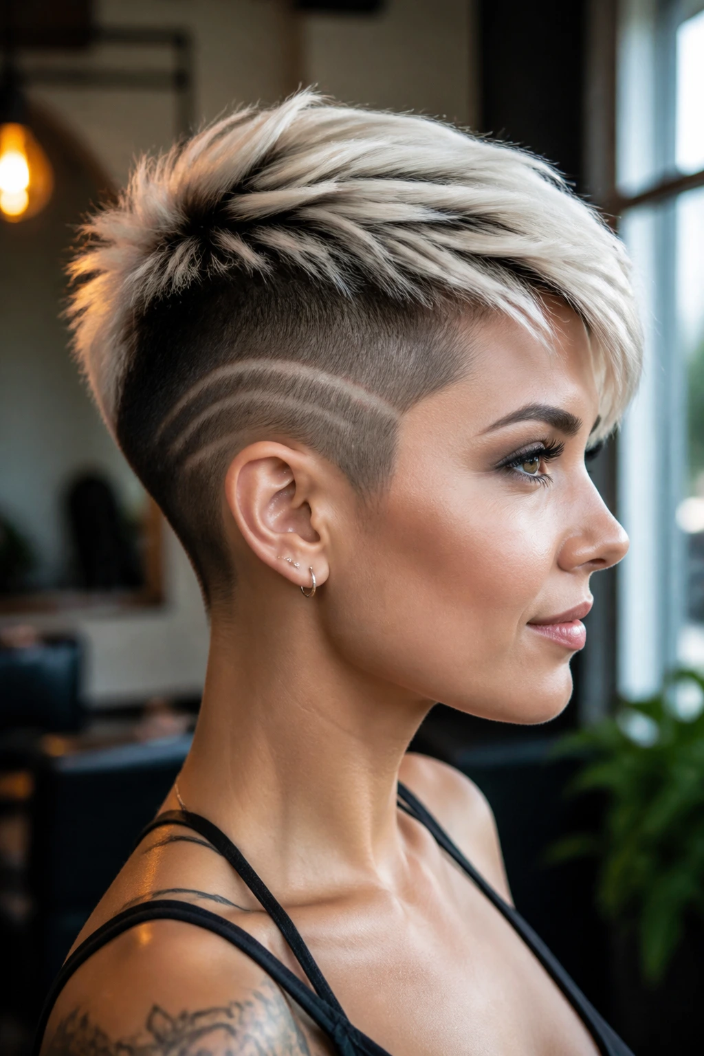 Close-up of a real woman with a two-tone graphic shaved side