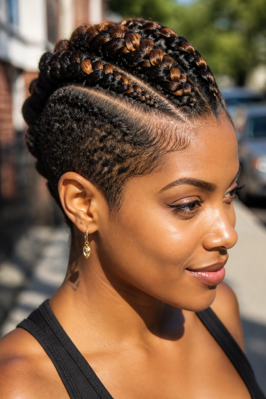 Close-up of a real person with a two-tone mohawk braid showing color contrast on short hair