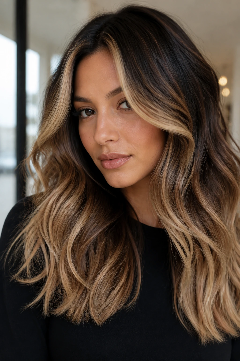 Close-up of a real woman showing a caramel face-frame with espresso roots and smoky blonde ends in warm natural light