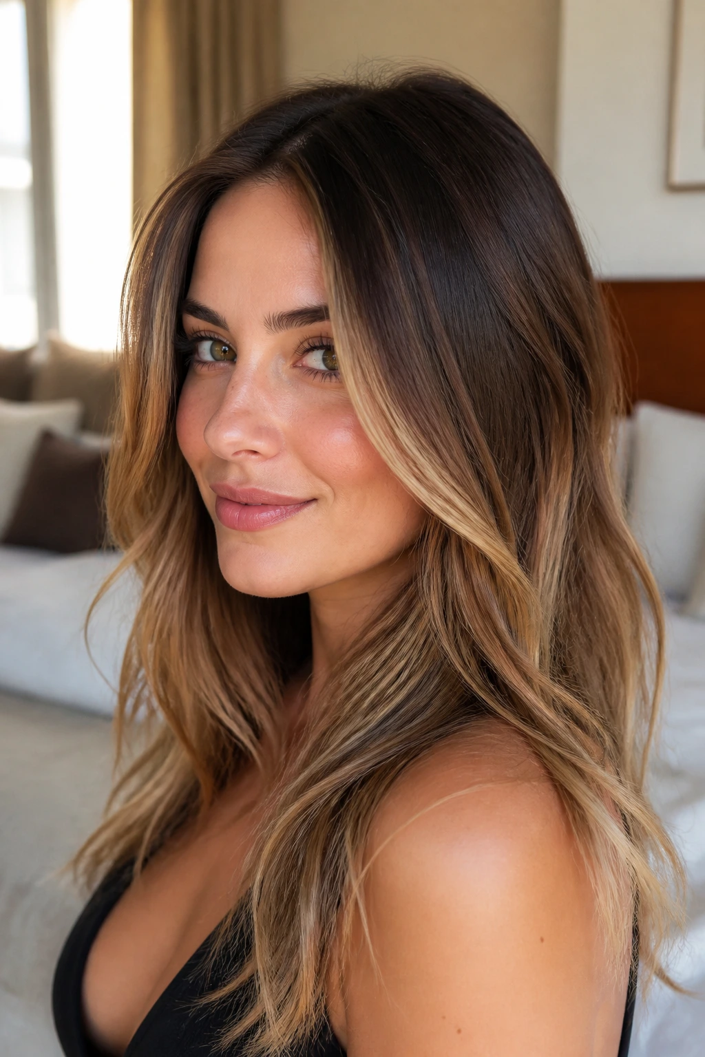 Portrait of a real woman with espresso-rooted two-tone hair and caramel face-framing highlight in natural window light