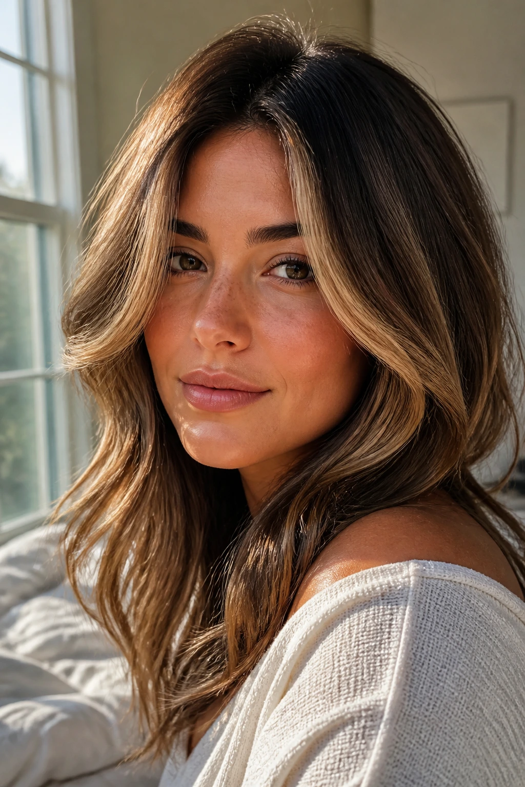 Close-up portrait of a real person with soft two-tone hair blending caramel face-framing tones into espresso roots
