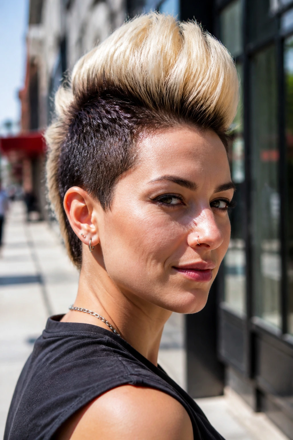 Portrait of a person with a two-tone hawk hairstyle in daylight urban setting
