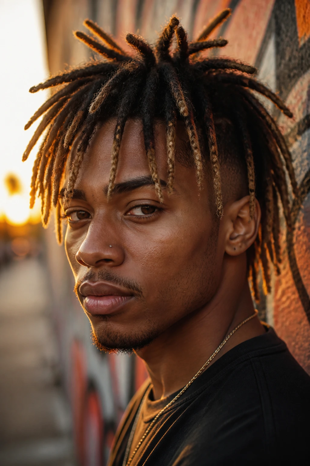 Man with two-tone locs showing root-to-tip gradient against colorful wall