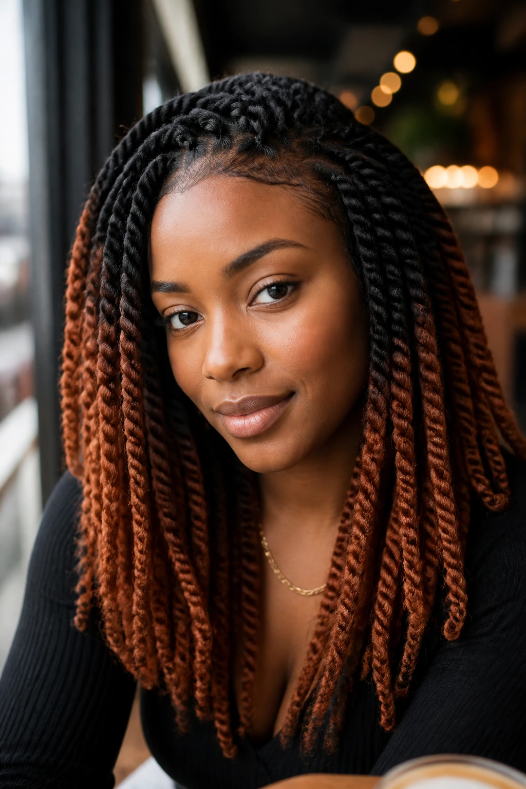 Close-up of two-tone Marley twists with dark base and copper ends on a real person